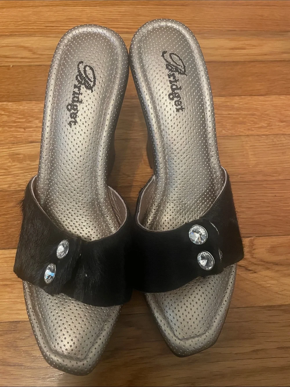 Real Pony Hair!! Black Wedge Slide Sandals with Fur Strap and Crystal Accent